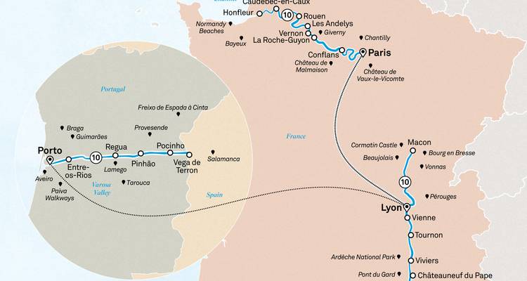 Itinerario duplicado con mapa que combina rutas del Valle del Douro con las del norte de Francia.