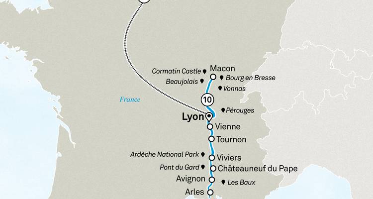 Corte vertical del mapa de Francia que muestra la línea de crucero fluvial hacia el sur desde Lyon hacia Provenza.