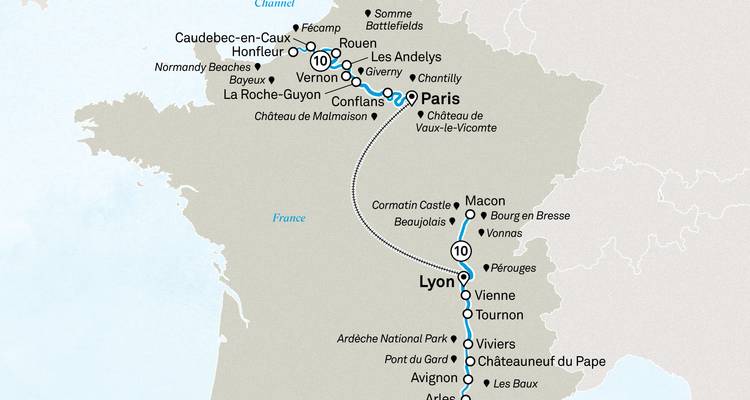 Mapa del itinerario del norte de Francia incluyendo la ruta de Normandía, París y Lyon.