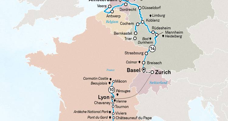 Mapa europeo que destaca las rutas de crucero entre Ámsterdam, las regiones de Basilea-Zúrich y Lyon-Burdeos.