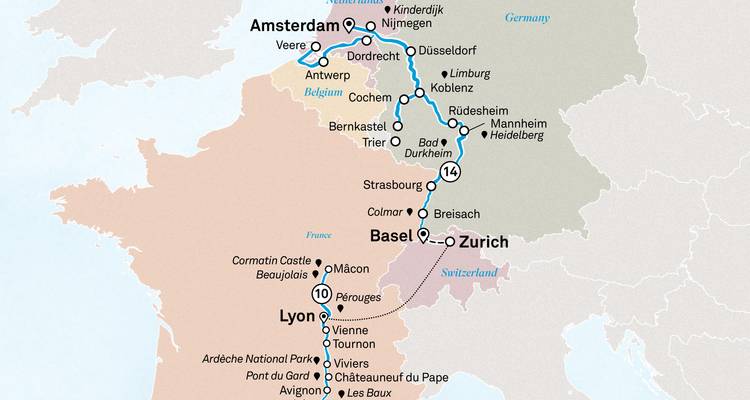 Stilisierte Karte, die eine Reiseroute von Amsterdam durch Belgien, Deutschland und Frankreich bis Zürich zeigt.
