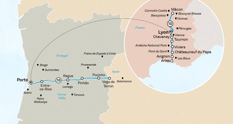 Mapa superpuesto que combina un crucero por el Duero de Portugal con un itinerario por el Ródano francés centrado en Lyon.