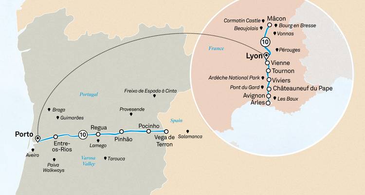 Carte de l'itinéraire prolongé de 10 nuits sur le Douro et de 10 nuits sur le Rhône, commençant à Porto et se terminant à Lyon.