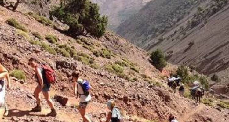 Wandelaars op een steil pad in een bergachtig gebied.