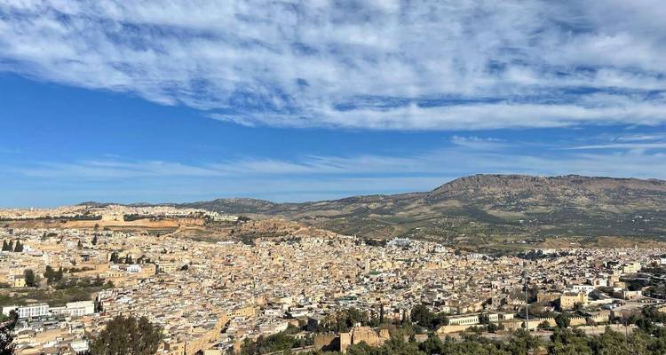 Panoramic view of a city with rooftops and mountains in the background.