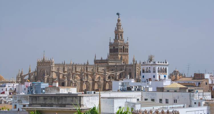 Cathédrale de Séville avec la tour Giralda au-dessus des toits de la ville.
