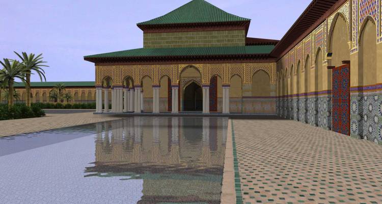 Architecture marocaine traditionnelle avec un bassin de réflexion.