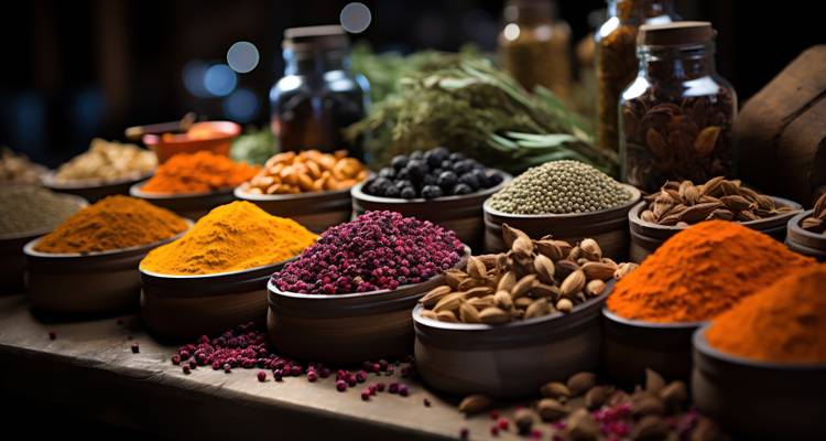 Un éventail d'épices colorées disposées dans des bols sur une table en bois.