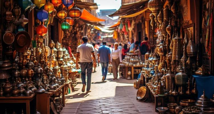 Rue de marché animée avec des lanternes colorées, des gens et des produits traditionnels.