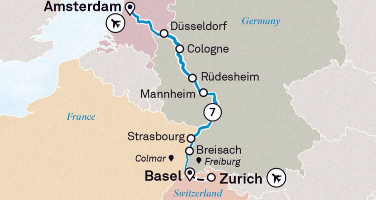 Carte montrant un itinéraire de voyage d'Amsterdam à Zurich.