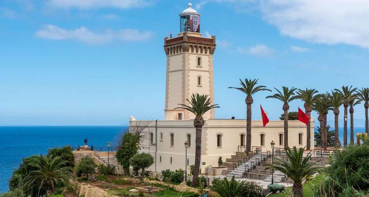 A coastal lighthouse with palm trees, under a clear blue sky.