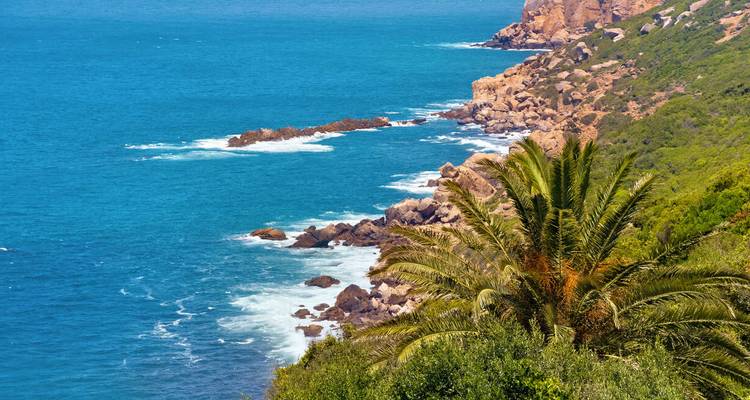 A scenic coastal landscape with lush greenery and clear blue waters.