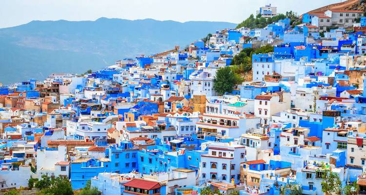 The famous 'blue city' of Chefchaouen with its vibrant buildings.
