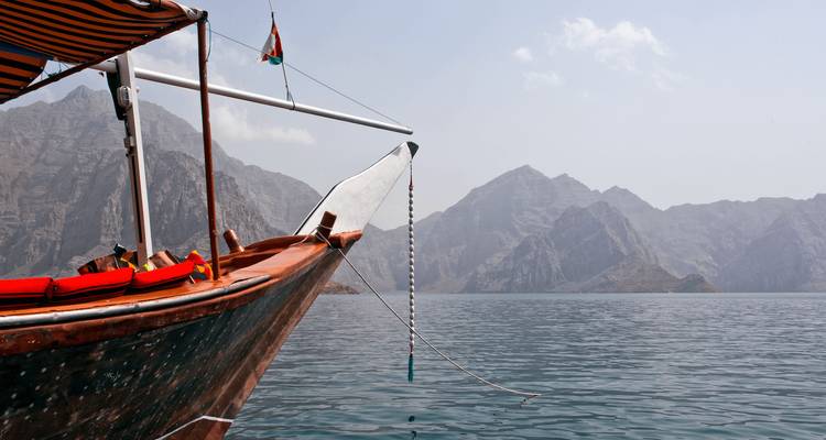 Bateau naviguant près d'un rivage montagneux.