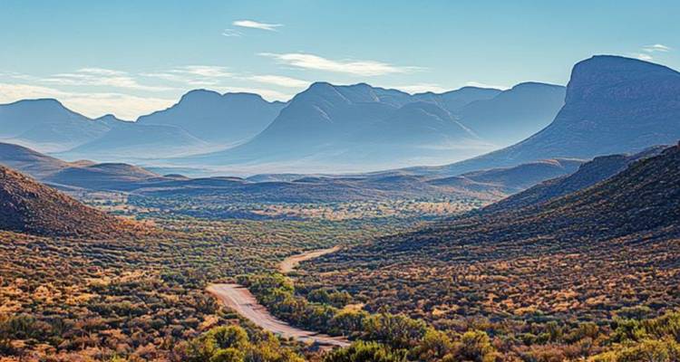 Uitgestrekt bergmassief onder een heldere blauwe hemel gezien vanaf een onverharde weg.
