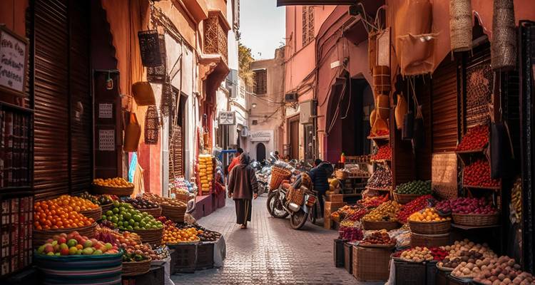 Vibrant market street with colorful fruit and textiles.