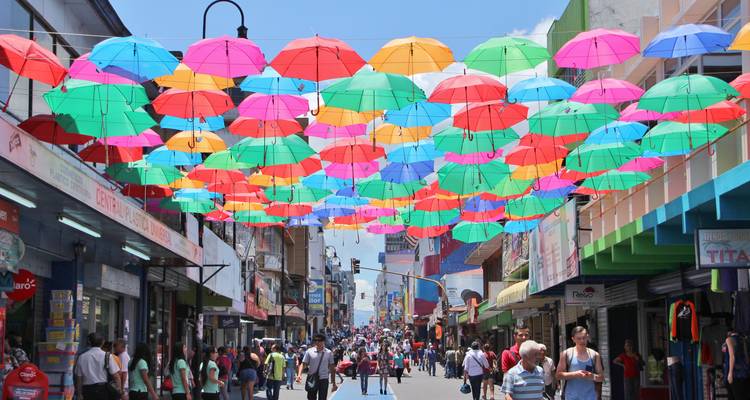 Street filled with colorful umbrellas overhead in San Jose.