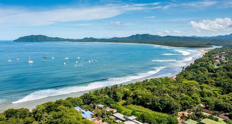 Vue panoramique d'une côte avec des eaux bleues claires et une végétation luxuriante.