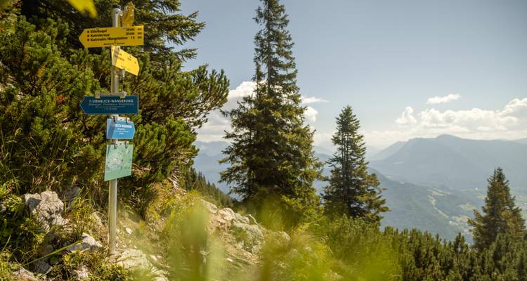 Sentier de montagne avec signalisation et vues panoramiques.