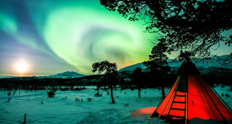 Tente éclairée par un feu sous les aurores boréales vibrantes.