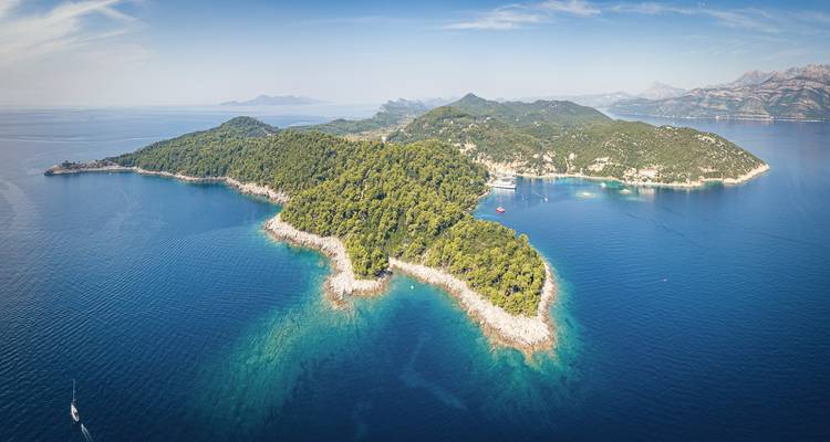 Vue aérienne d'une île luxuriante entourée d'eaux bleues.