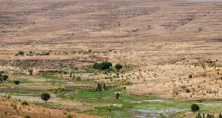 Landschapszicht van een semi-aride gebied met enkele groene velden.