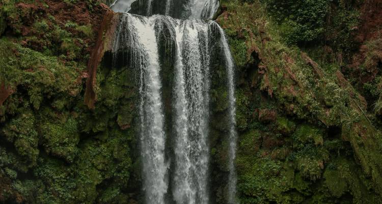 Cascade dévalant le long d'un versant de montagne verdoyant.