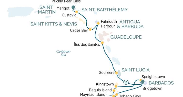 Carte des îles des Caraïbes itinéraire de voyage.
