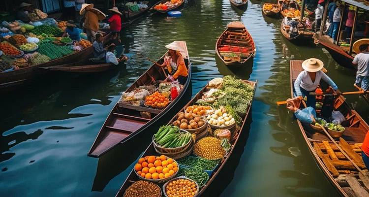 Mercado flotante con botes vendiendo frutas y verduras.