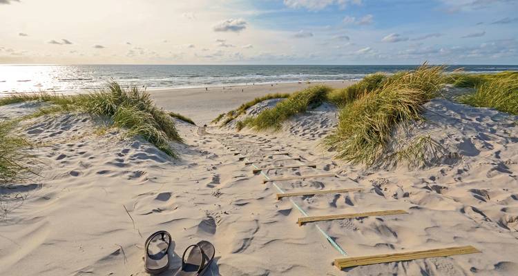 Sandy path leading to a beach with flip-flops in the foreground.