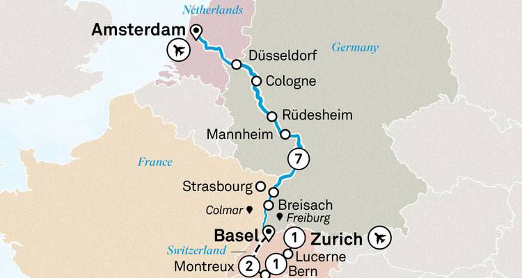 Carte montrant un itinéraire de voyage d'Amsterdam à Zurich avec des arrêts.