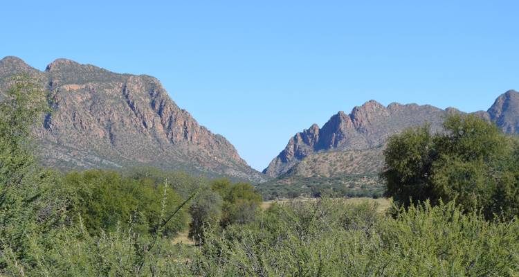 Chaîne de montagnes entourée de verdure.