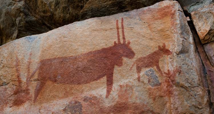 Peintures rupestres anciennes sur une surface de pierre.