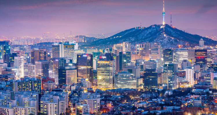 Schemering panorama van Seouls verlichte skyline met N Seoul Tower die op de bebost heuvel erachter uittorent.