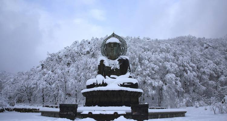 Statue de Bouddha couverte de neige avec forêt en arrière-plan.
