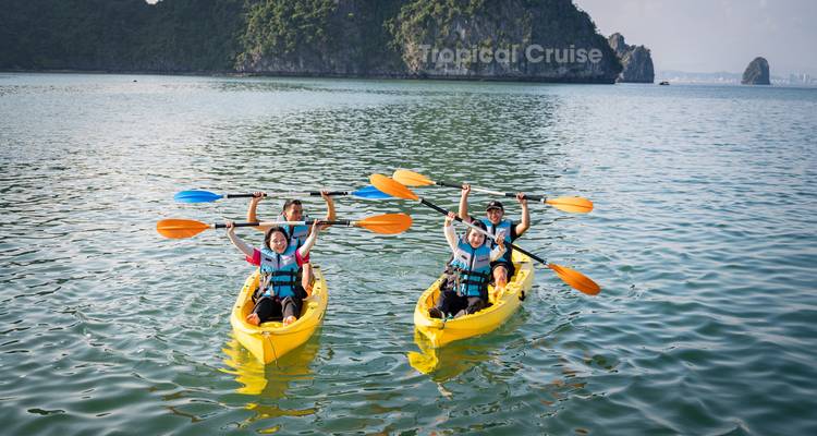 Kayak de groupe dans la baie, chaque personne tenant une pagaie en l'air.