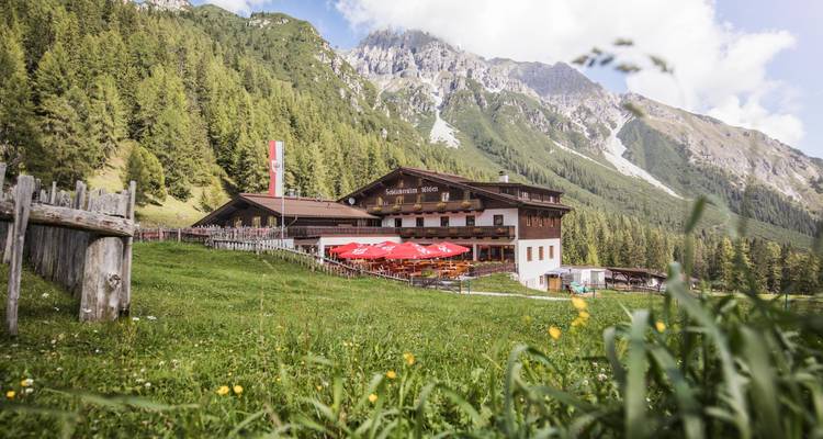 Chalet alpin traditionnel avec parasols rouges niché dans un pré vert au pied de montagnes escarpées et boisées.