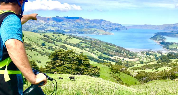 Ciclista contemplando un paisaje rural pintoresco.