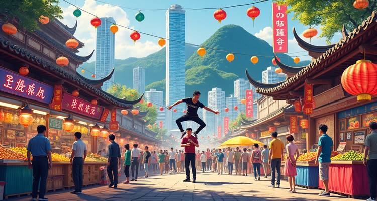 A bustling market street with people and traditional stalls.