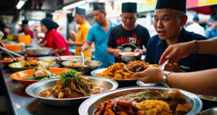 Gente disfrutando de comida callejera en un mercado animado.