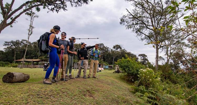 Grupo de excursionistas reunidos, sosteniendo bastones de trekking.