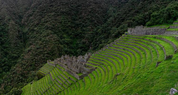 Colinas en terrazas cubiertas de follaje verde con ruinas antiguas.