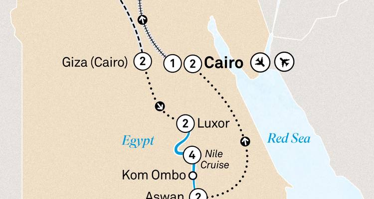 Map showing a travel itinerary through Egypt including Cairo and Aswan.
