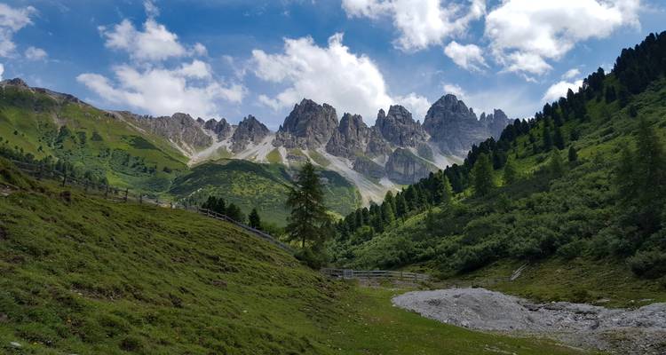 Montagnes verdoyantes luxuriantes avec un sentier rocheux et un ciel bleu.
