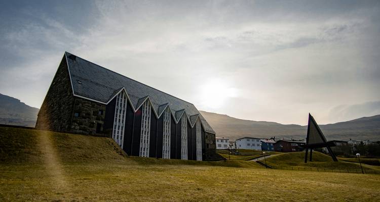 Modern church with dramatic sky in the Faroe Islands.