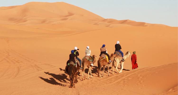 Paseo en camello sobre dunas de arena al atardecer
