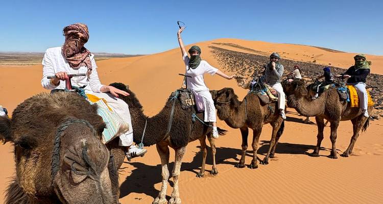 Un groupe de personnes à dos de chameaux dans le désert.
