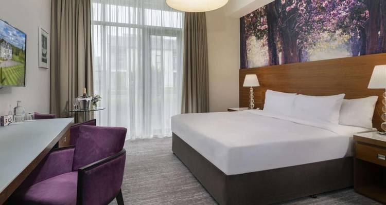 Modern hotel room with a large bed and artistic decor.