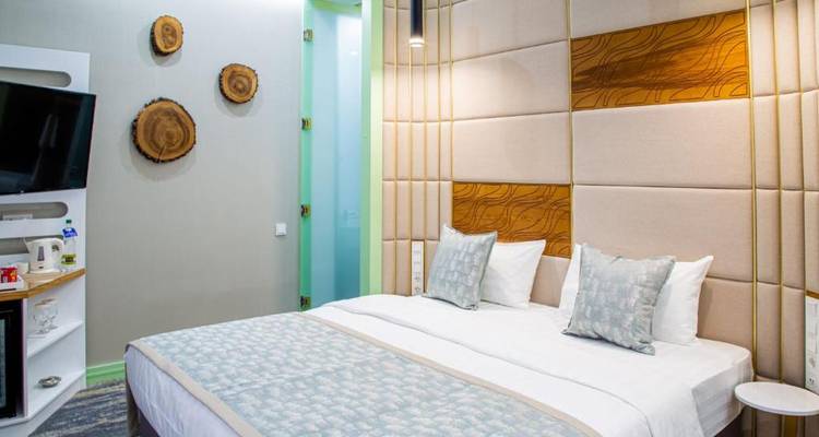 Modern hotel room with comfortable bedding and wooden accents.