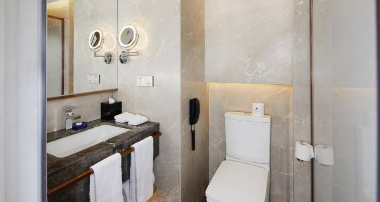 Salle de bain d'hôtel avec un lavabo, un miroir et des toilettes.